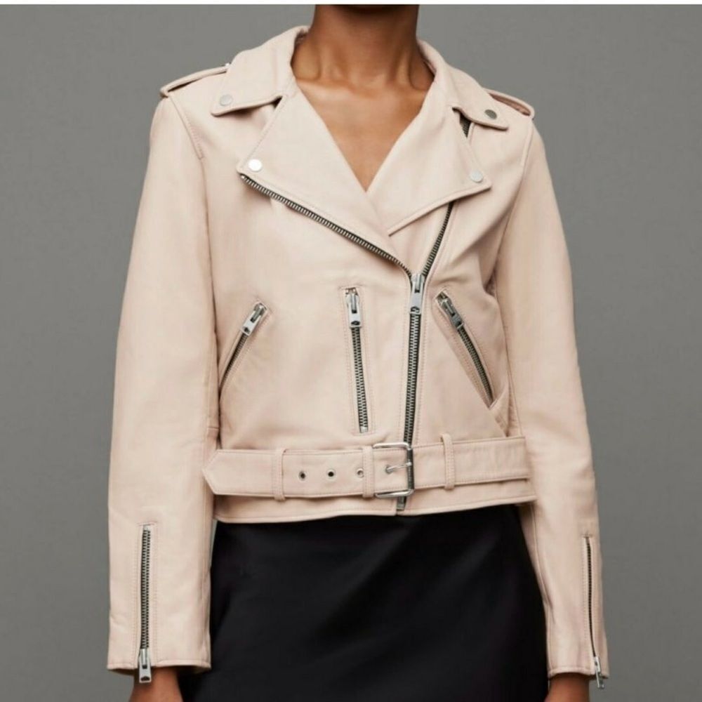Amaryllis Dusty Pink‎ Zippered 100% Genuine Leather Moto Jacket -- XS